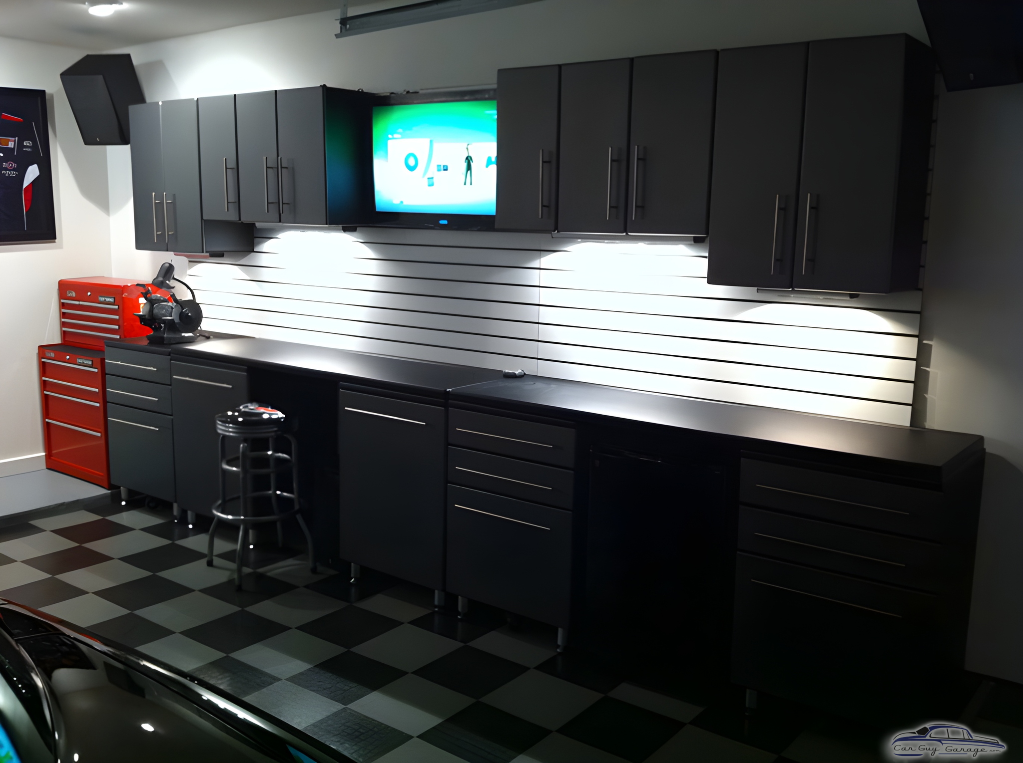 Modern garage cabinets with tool chest and slatwall - David from Spring, TX