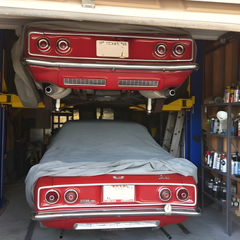 Classic Red Cars on Garage Lift with Storage Shelves - David from Wimberley, TX