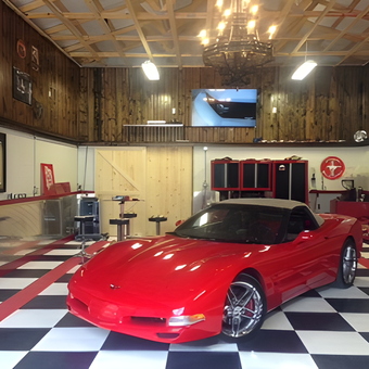 Classic Car Garage with Checkered Floor and Bar Stools - Marcs Garage from Covington, Kentucky