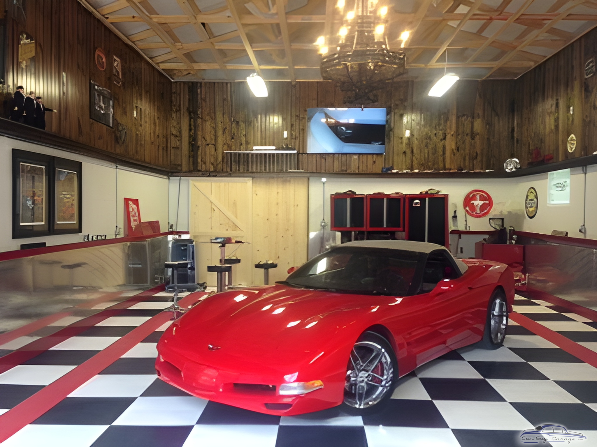 Classic Car Garage with Checkered Floor and Bar Stools - Marcs Garage from Covington, Kentucky
