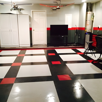 Checkered Garage Flooring with Cabinets and Workbench - Jeremy from Fort Worth, Tx