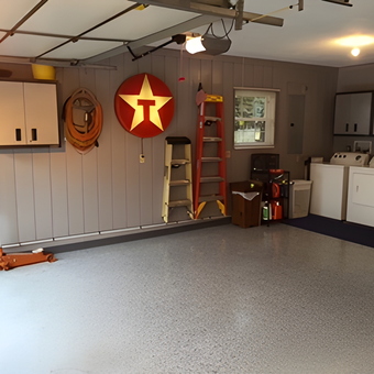 Organized garage with cabinets, Texaco sign, and washer dryer - Jerry from Millstadt, Il