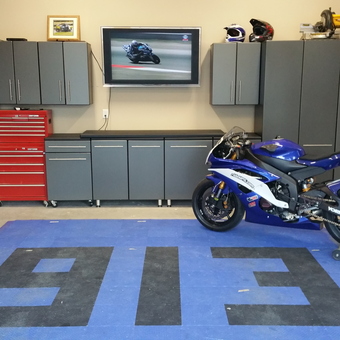 Modern Garage with Cabinets, Tool Chest, TV and Motorcycle - Anonymous