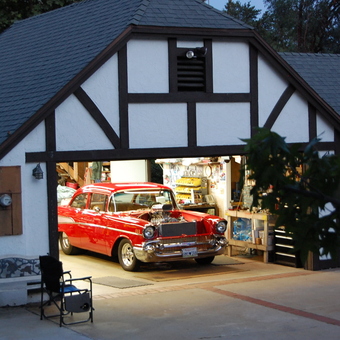 Classic Red Car in Well-Organized Garage - Bumper Jack from Trabuco Canyon, CA