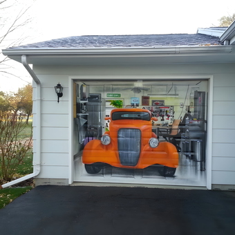 Garage Door Mural with Orange Classic Car - Dan from S Beloit, IL