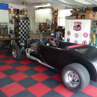 Hot rod garage with checkered tiles and wall decor - Hot Rod Bill from Rockledge, Fl