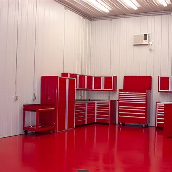 Red Garage Cabinets and Tool Chests in Clean Workshop - Custom Aluminum