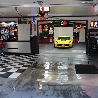 Organized Garage with Cabinets, Tool Chest, and Yellow Corvette - Robert from Grangeville, ID