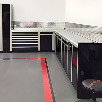 Sleek Black Garage Cabinets with Diamond Plate Trim - Custom Aluminum