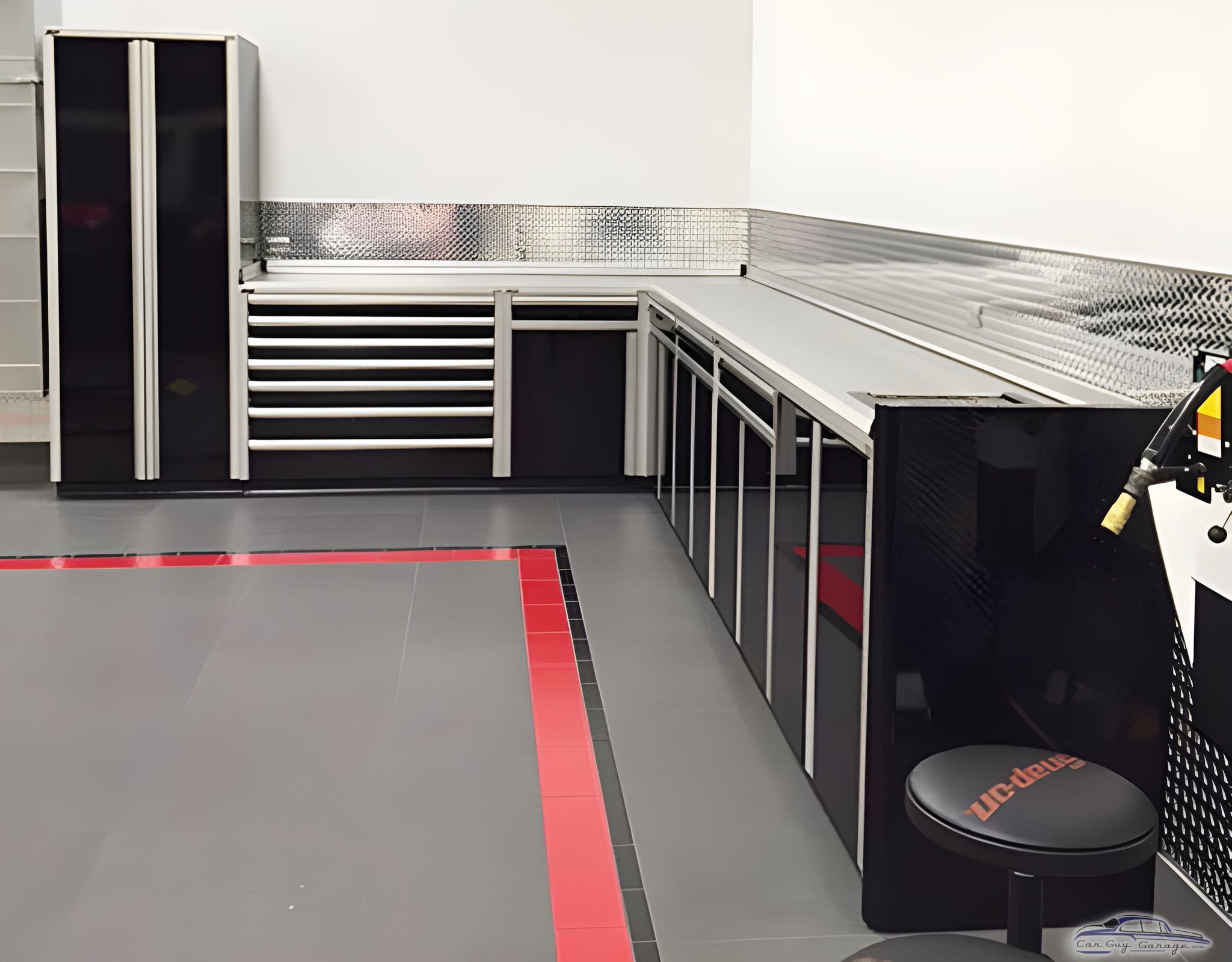 Sleek Black Garage Cabinets with Diamond Plate Trim - Custom Aluminum