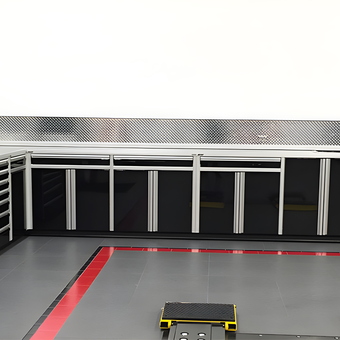 Modern garage with black aluminum cabinets and tool storage - Custom Aluminum
