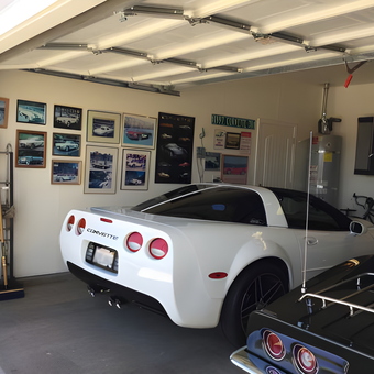 Corvettes and Wall Art in Organized Garage - Robert from Chico, Ca.