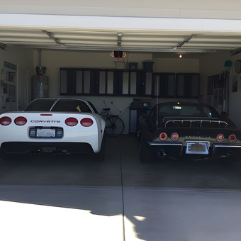 Organized garage with two Corvettes and wall cabinets - Robert from Chico, Ca.