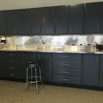 Modern Garage Cabinets with Diamond Plate Backsplash - Slammo from Lititz, Pa