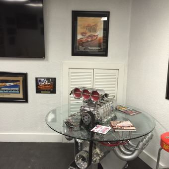 Engine Block Glass Table and Racing Decor - Bill from North Miami Beach, FL