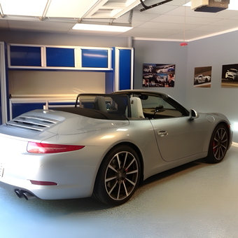 Modern Garage With Blue Cabinets and Sports Car - Custom Aluminum