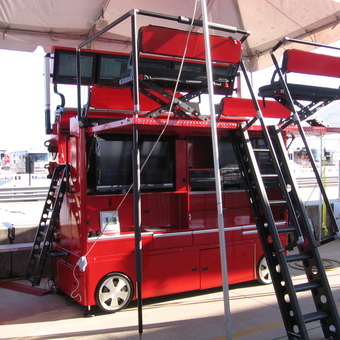 Red Mobile Garage Workstation with Monitors and Seating - Custom Aluminum