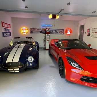 Classic and Modern Cars with Neon Signs and Gas Pump - Len