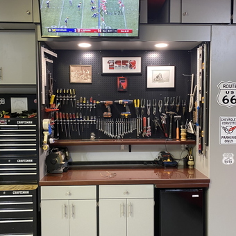 Organized Garage Workbench With Pegboard Tools and TV - Gregg's Garage from Cary, IL