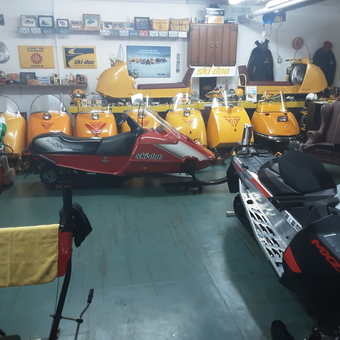 Vintage and Modern Ski-Doo Snowmobiles in Organized Garage - Skidooman from Orillia