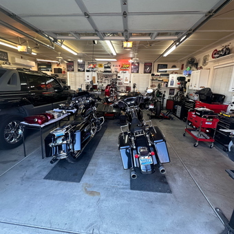 Motorcycles, Truck, and Tool Cabinets in Organized Garage - Al from Reno