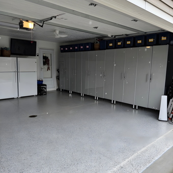 Modern garage with gray cabinets and epoxy floor - Lorraine
