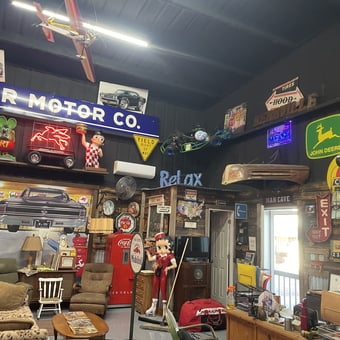 Vintage signs, neon lights, and decor in garage - Joe West from Abilene, TX