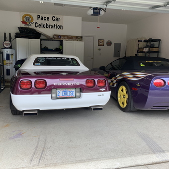 Corvettes in organized garage with shelving and tire racks - Dick from Murrells Inlet, SC