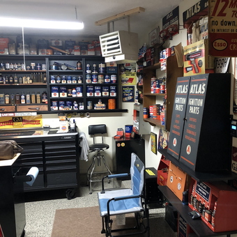 Vintage Garage Decor With Oil Cans, Signs, Toolboxes - Jerry from Dayton, OH