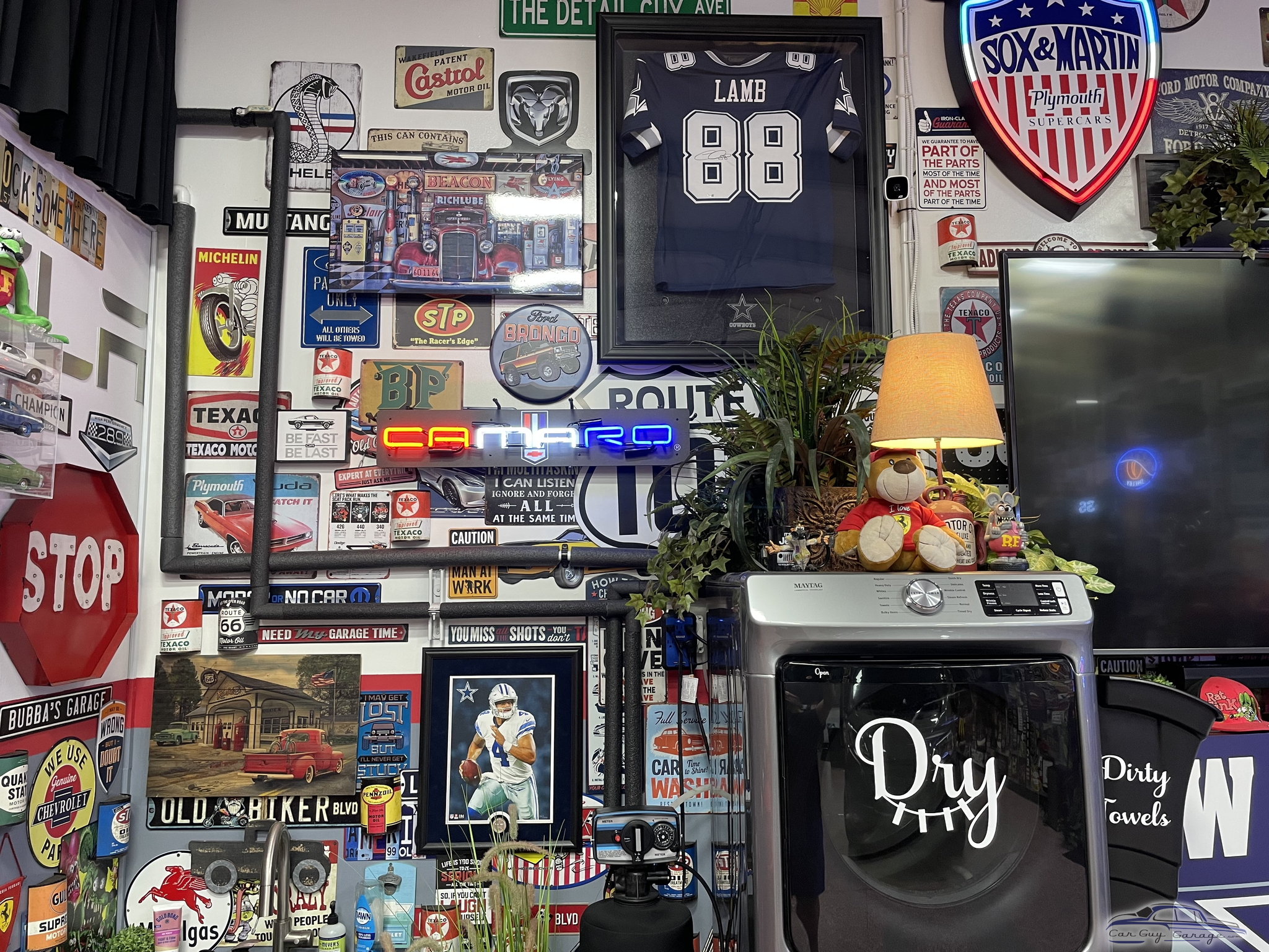 Garage Decor with Neon Signs, Metal Wall Art, and Memorabilia