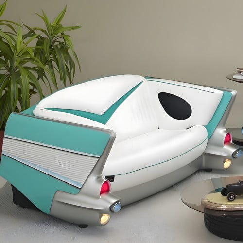 Turquoise 1957 Chevy with Black Couch
