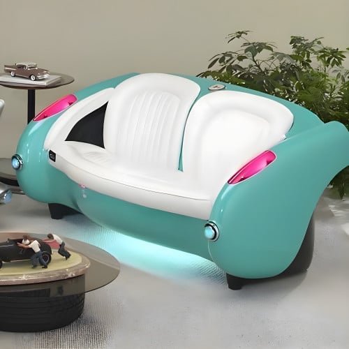 1957 Sea Green Corvette with Bright White Leather Couch
