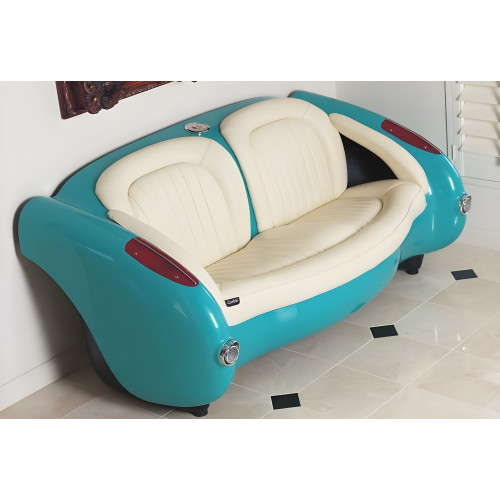 1957 Sea Green Corvette with Bright White Leather Couch