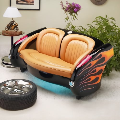1957 Blazing Black Flames Corvette with Tan Leather Couch