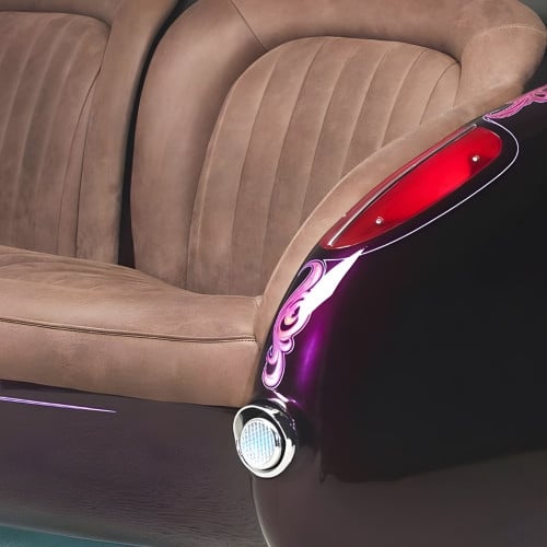 1957 Deep Purple Corvette with Caramel Brown Leather Couch