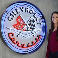 Chevrolet Corvette C1 Crossed Flags Neon Sign - 36" Round