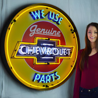 We Use Genuine Chevrolet Parts Bowtie Neon Sign - 36" Round