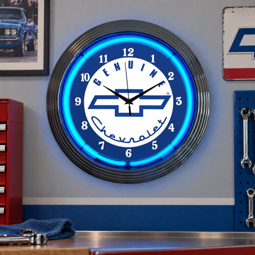 Chevrolet Neon Wall Clock - Genuine Blue Bowtie 15 Inch