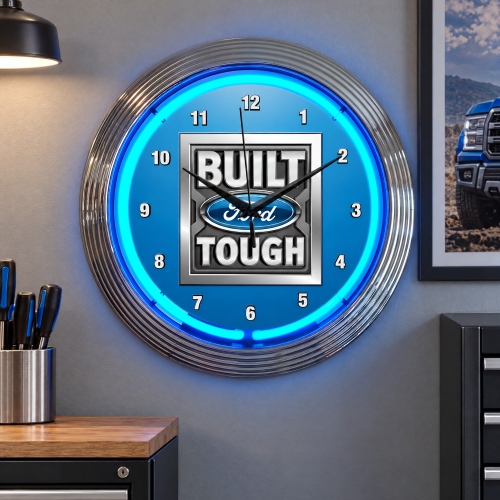 Ford Neon Wall Clock - Built Ford Tough Blue 15 Inch Round