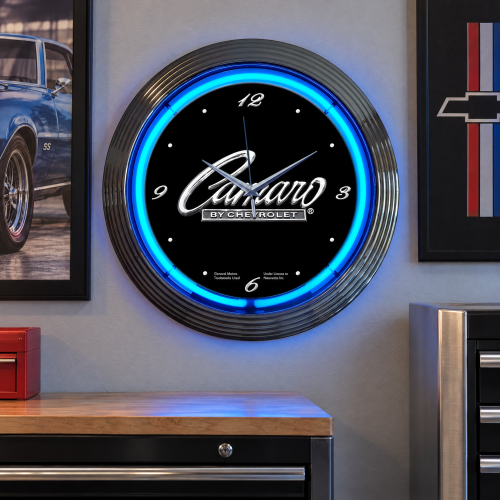Camaro Wall Clock with Blue Neon - GM Licensed, 15 Inch