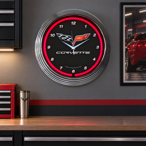 Corvette Neon Clock C6 Red 15 Inch Chrome Rim Wall Clock