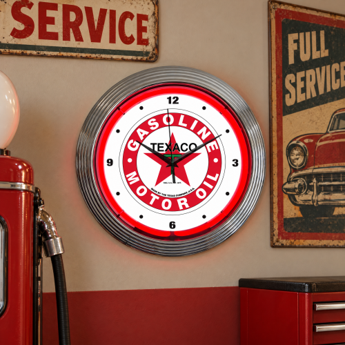 Texaco Neon Clock 15 Inch Gasoline Motor Oil Wall Clock