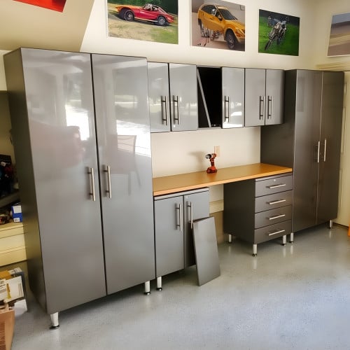 Grey Modular 8 Piece Garage Cabinet Kit with Bamboo Worktop