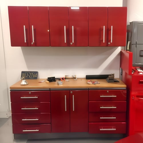 Red Modular 7 Piece Garage Cabinet Kit with Bamboo Worktop