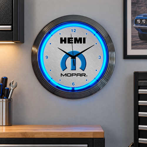 Mopar HEMI Blue Neon Garage Wall Clock - 15 Inch Round