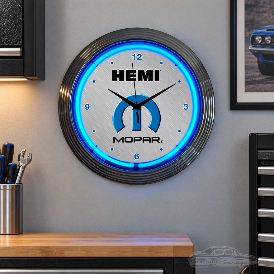 Mopar HEMI Blue Neon Garage Wall Clock - 15 Inch Round