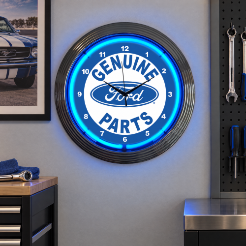 Ford Genuine Parts Blue Neon Wall Clock - 15 Inch Round
