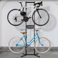 Standalone Vertical 4-Bike Storage Rack with Basket