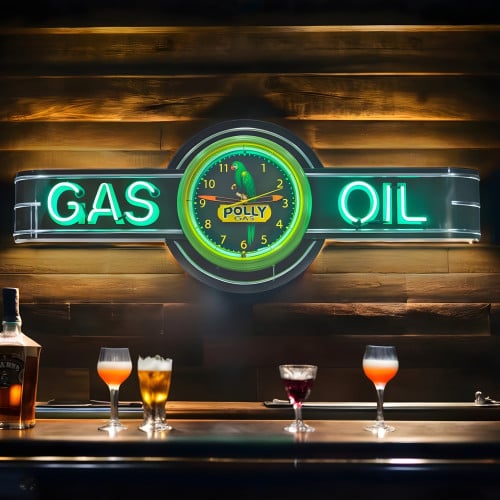 72" wide Polly Gas and Oil Neon Sign and Clock