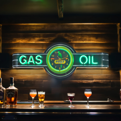 72" wide Polly Gas and Oil Neon Sign and Clock